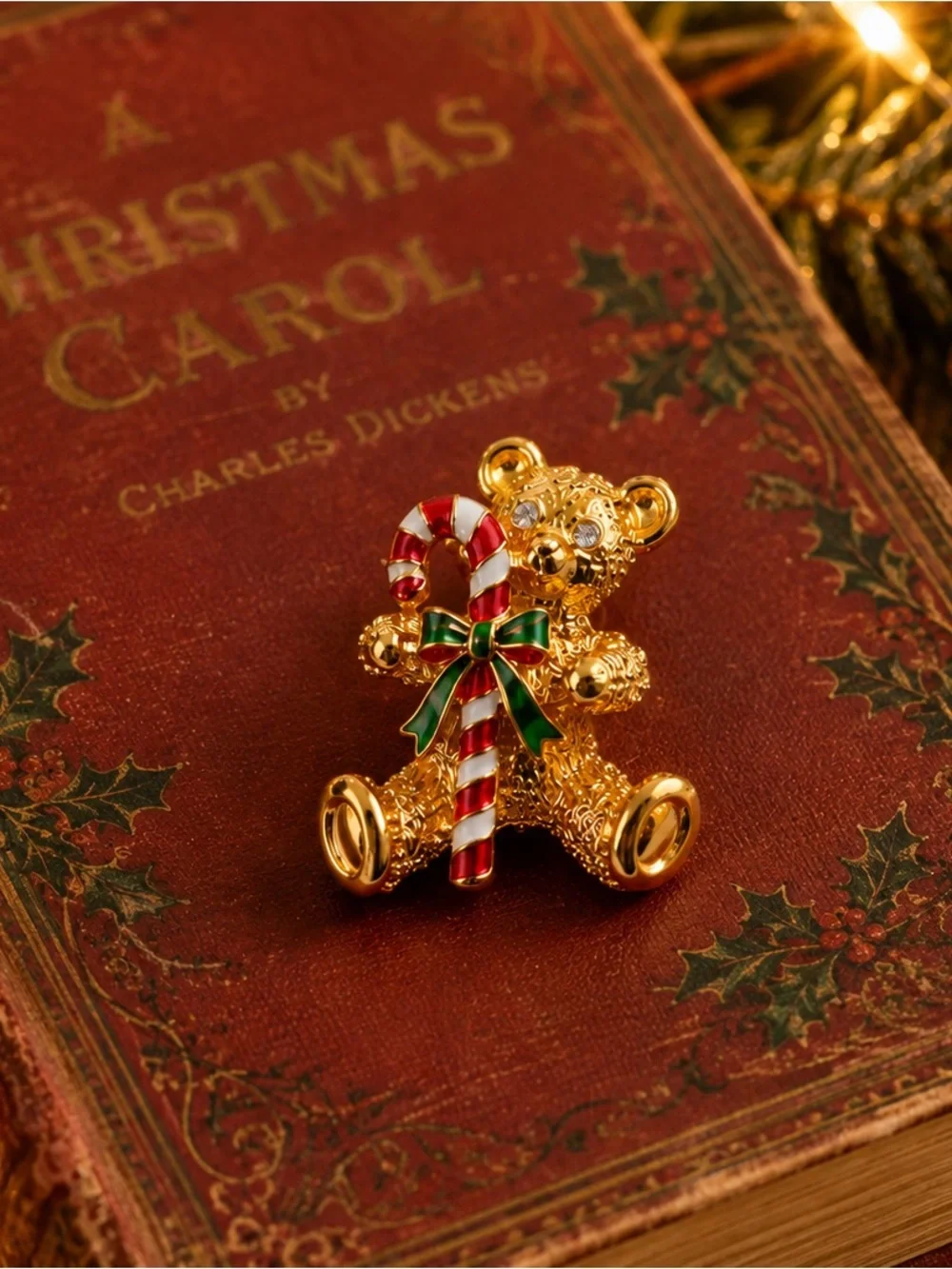Vintage Gold Tone Teddy Bear Christmas Brooch Pin Candy Cane Holiday Rhinestones